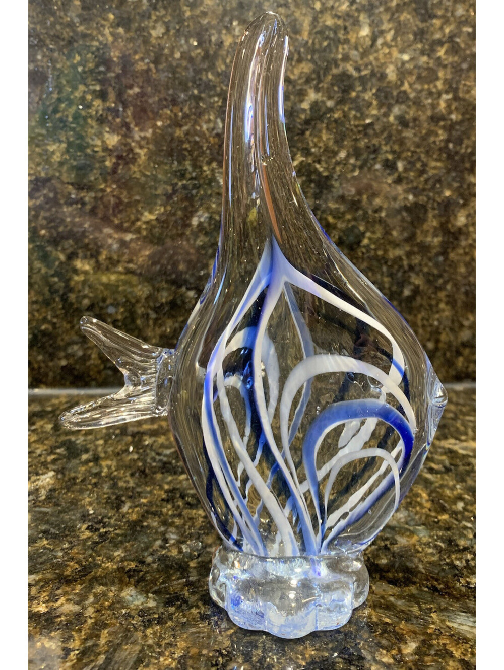 Murano? Art Glass, Blue & White Swirled, Angel Fish 9” Tall